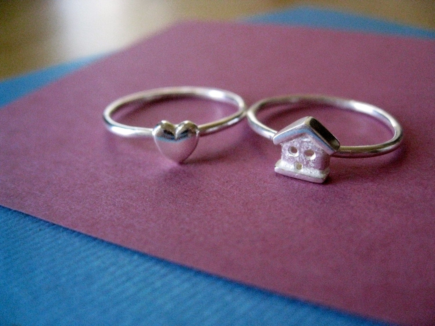 Teeny House and Heart Stacking Rings Sterling Silver - 2 Rings