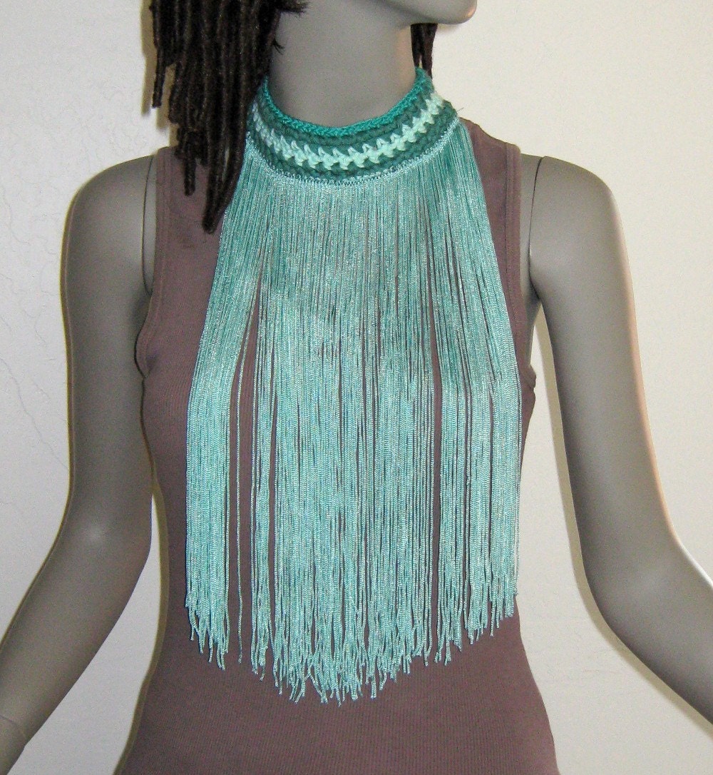 Fringe choker necklace crochet fiber jewelry hippie gypsy teal