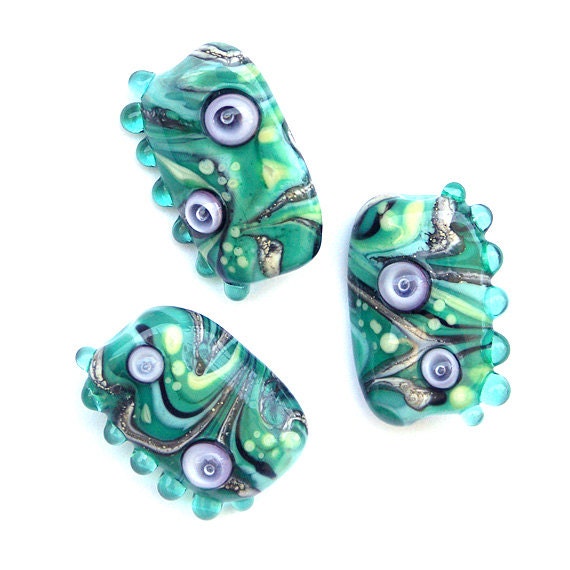 Green Marble - Handmade Lampwork Glass Bead Set in Green, Aqua and Lavender (3) OOAK