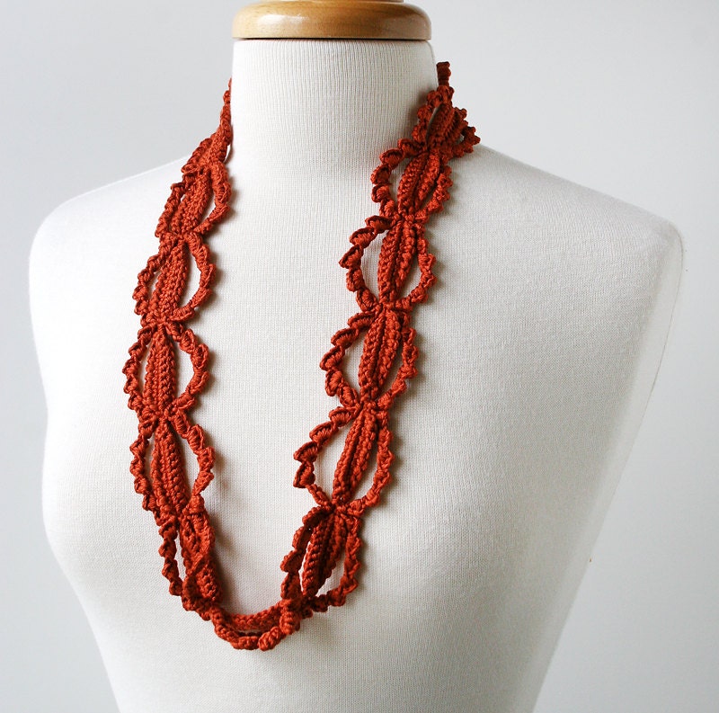 Fiber Art Jewelry - Silk Crochet Lace Necklace - Terra Cotta Orange - ElenaRosenberg