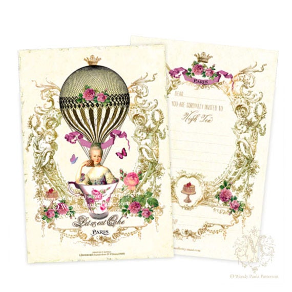 Marie Antoinette, High Tea, Invitations, French, Vintage Hot air Balloon, Shower Tea, Tea Party, Kitchen Tea