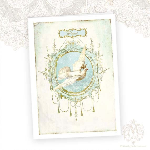 Dove, Peace, White Berries, Christmas Card, Snow, Crowned Bird, Winter Woodland, Ornate French Frame, Original Artwork