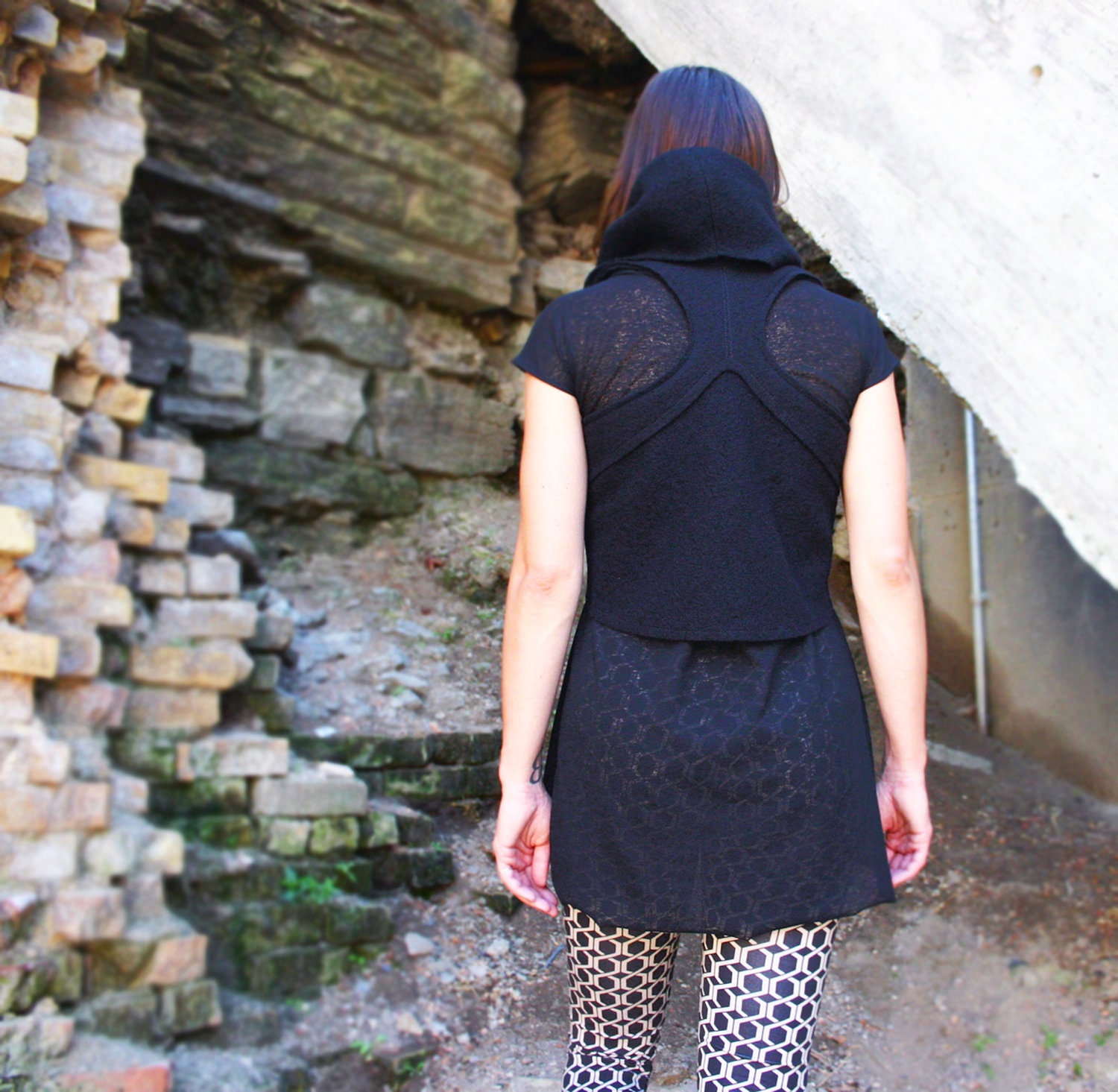 ON SALE-THORA-Boiled Wool Cropped Vest w/ Cowl Collar and Racer Back-Black