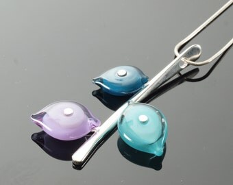 Glass Leaf Necklace - Triple Leaf in Steel Blue Lavender Aqua - Ready to Ship