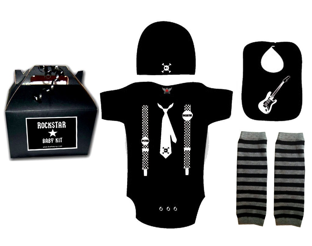 Boys Rock Baby One piece Hat bib leg warmers gift box punk rock rockstar black shirt