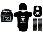 Punk Rocker Skull Baby One piece Hat bib grey and black leg warmers gift box rockstar black shirt