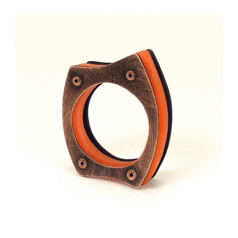Oxidized Copper and Tangerine Resin Riveted Ring - Masquerade