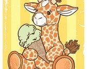 Mother's Day Gift, Baby Shower Gift, Nursery Art, Kids Wall Decor, Children Decor, Giraffe with Ice Cream Cone Striped Yellow 8x10 Print
