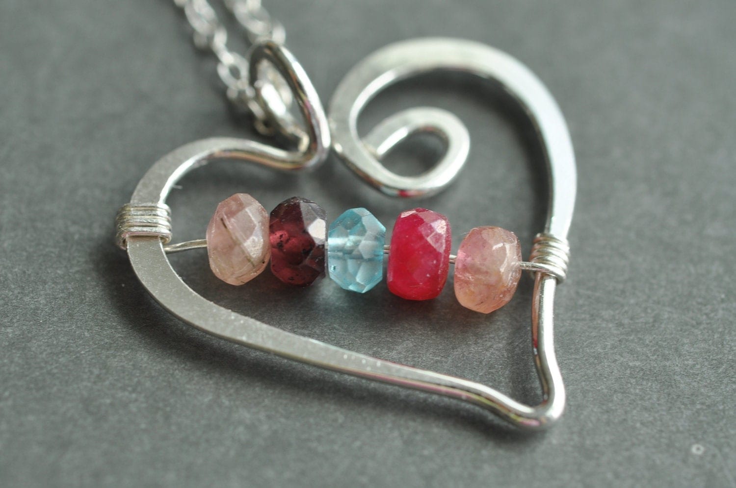 custom genuine mothers / grandmothers birthstone necklace Open Heart (large) - sterling silver (5 stones)