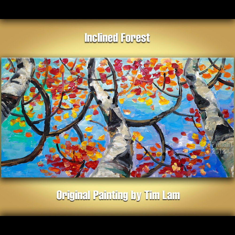 Original large Inclined Birch art Abstract Painting impasto Acrylic Painting Autumn Landscape painting by tim Lam 48x24