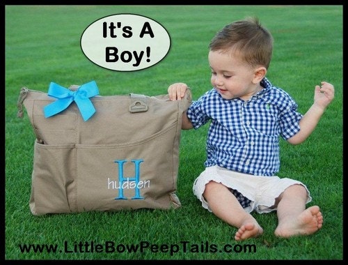 Boys Super Feature Tote - Initial and Name Monogrammed Diaper Bag - Personalized Large Size Solid Color Baby Shower Gift Idea