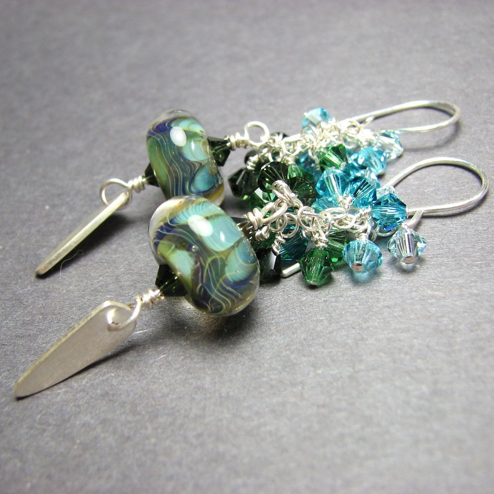 Blue green cluster earrings boro lampwork beads, swarovski crystal cascades and silver charms - Depth Charge
