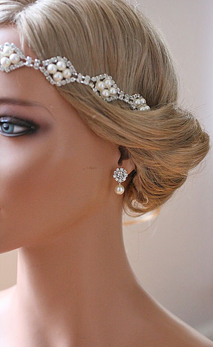 Art Deco, Crystal Earrings, Bridal Pearl Earrings, Pearl Earrings, Sterling Silver Earrings, - LARA