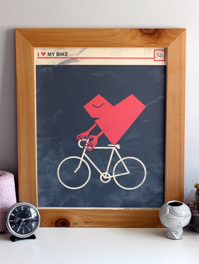 I Heart My Bike Art Print - Silkscreen Poster - 16 x 20