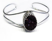 Purple Druzy Quartz Oval Recycled Silver Cuff Bracelet