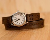 Leather Wrap Watch - Personalized Smokey Pattern - Antique Black
