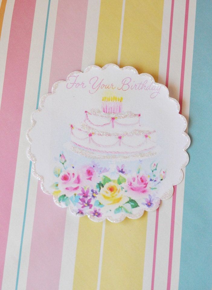 Vintage Birthday Cake Gift Package Seal Glitter Sticker - PRETTY and SWEET