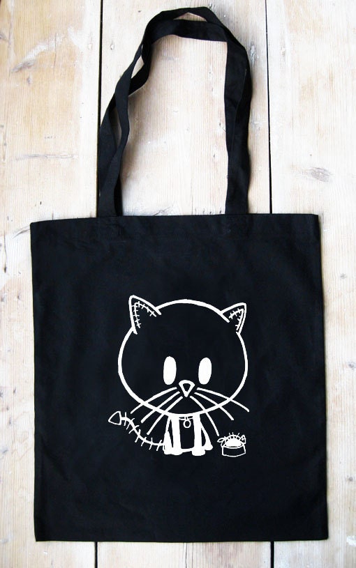 Black Zombie Kitty Eco tote shopping bag by Rocky The Zombie