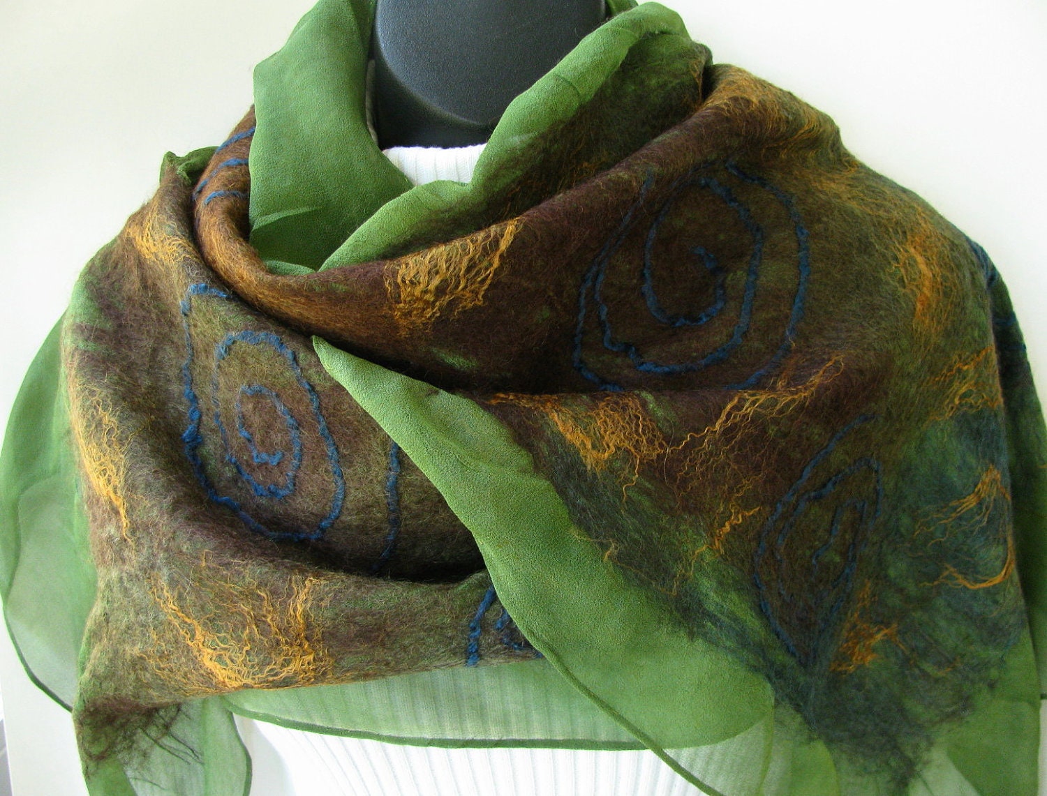 Nuno felted Scarf -Avacado Green Silk Chiffon with Brown teal blue wool and gold bamboo texture womens scarves silk scarves - amysfunkyfibers