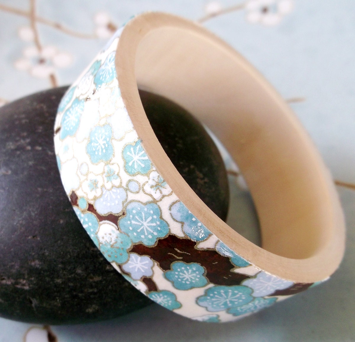 Bangle Bracelet Japanese Wood in Chiyogami Washi. Ume Blooms in Aqua