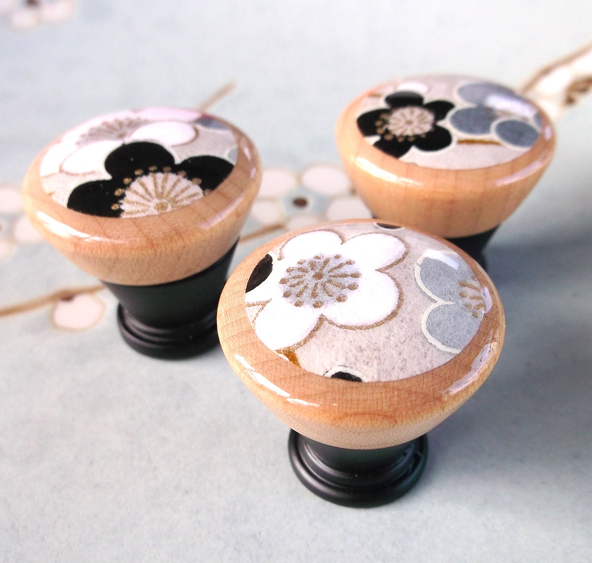 Cabinet Knobs Pulls Hardware Japanese Black Zinc Metal Maple Wood Chiyogami set of 3 - Modern Zen