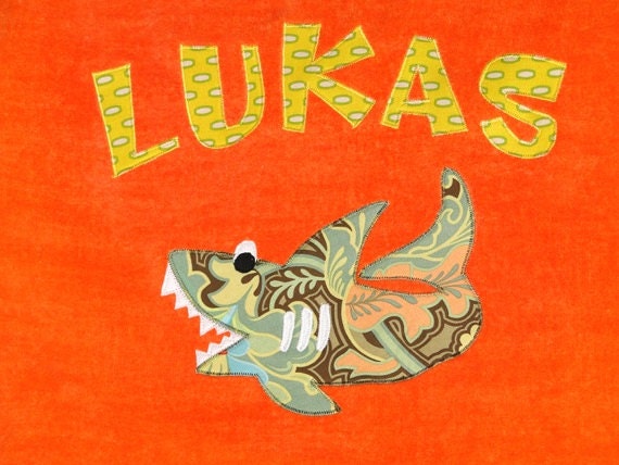 Personalized Large Orange Velour Beach Towel with Shark