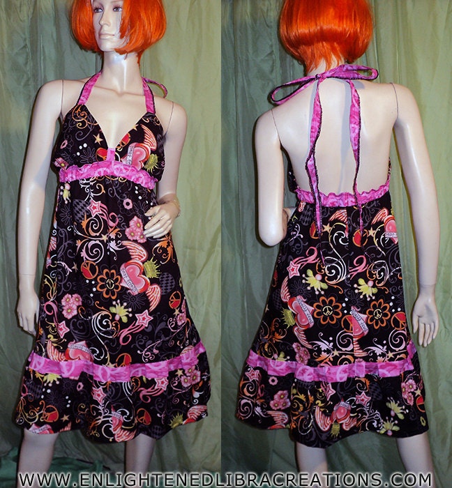 Hippie Patchwork Sun Dress - Maxi - Twirly Festival Halter Dress - One of a Kind - Peace Sign Dress - S/M