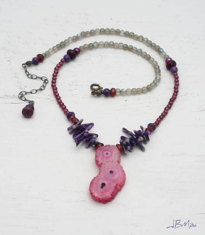 Vibrant Bohemian Purple and Pink -  Sliced Solar Quartz and Coral Necklace