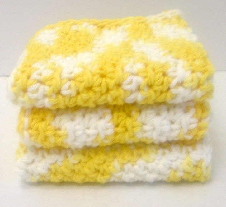 Crocheted Cotton Wash Cloth Yellow and White