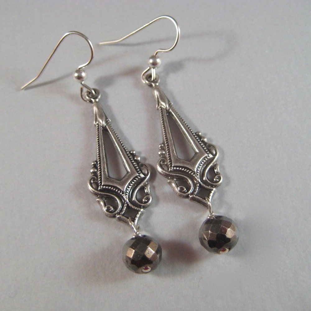Art Deco Earrings, Faceted Pyrite Earrings, Long Dangle Earrings, Faceted Gemstone Earrings, Metallic Earrings