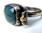 Blue stone ring, unique statement ring, blue fire Labradorite Ring, handmade sterling silver, recycled 14K gold, size 8 ring,