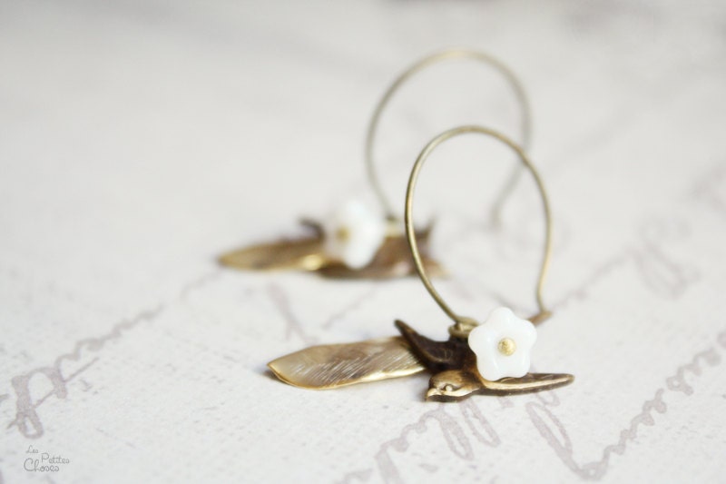 Autumn Flights - delicate romantic earrings with mixed metals - birds, leaves and flowers