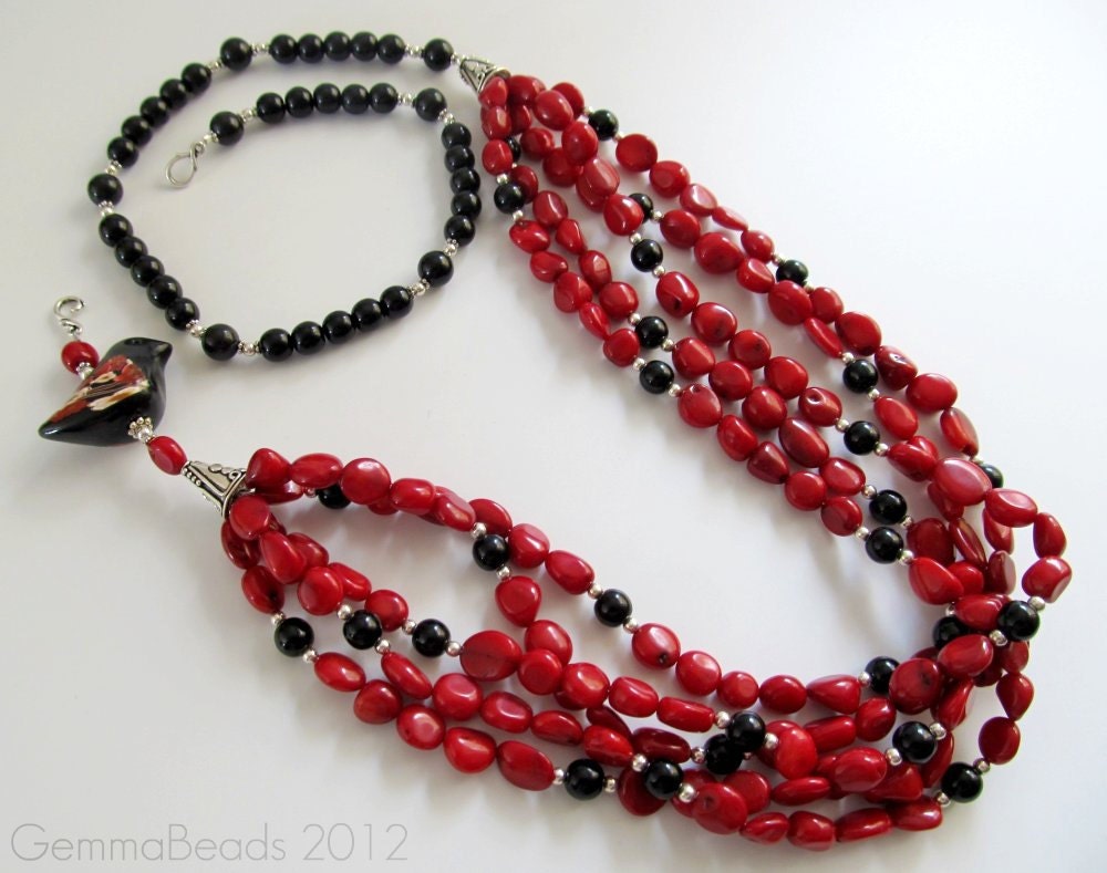 BIRDS 'n BERRIES - Coral and Black Onyx Multi-Strand Necklace