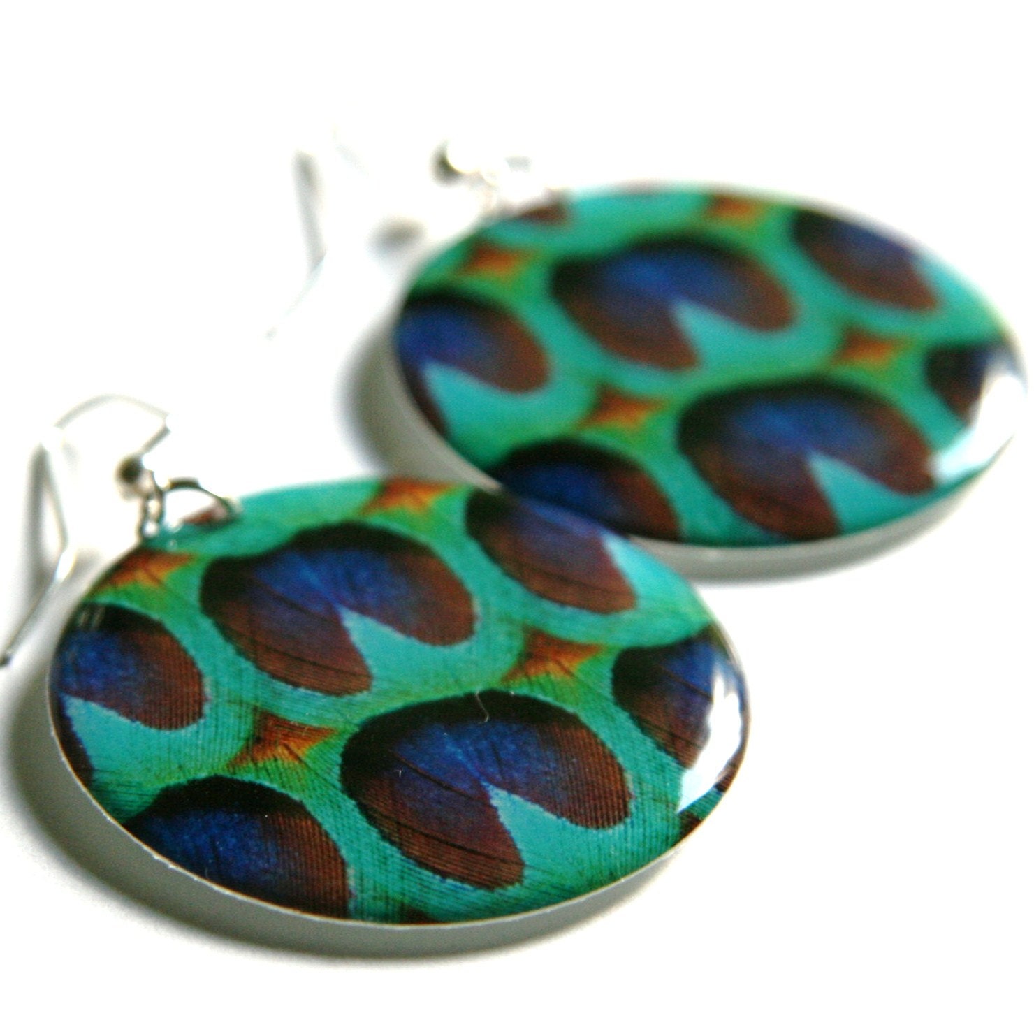 Peacock Feather Bright Teal & Blues Large Resin Earrings with Sterling Ear Wires