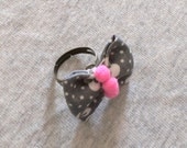 Grey and Pink Fabric Bow Ring - adjustable