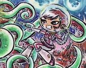 Print 5x7 - Last Stand -   LadyAstronaut Space Battle With Tentacles