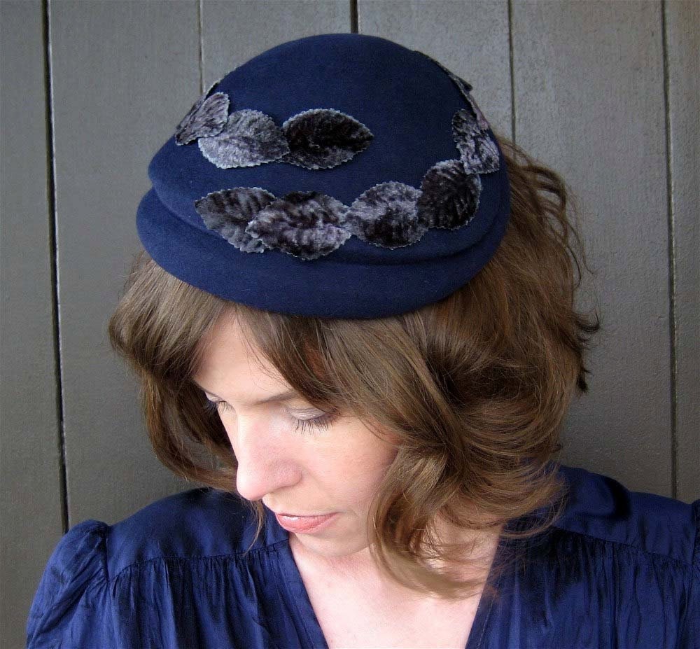 Navy Blue Felt Hat, Velvet Leaves, Vintage Style Womens Fashion, Handmade Millinery, Gilda
