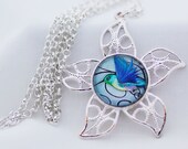 Blue Bird Necklace, Shiny Silver, Photography, Digital Art Picture Jewelry