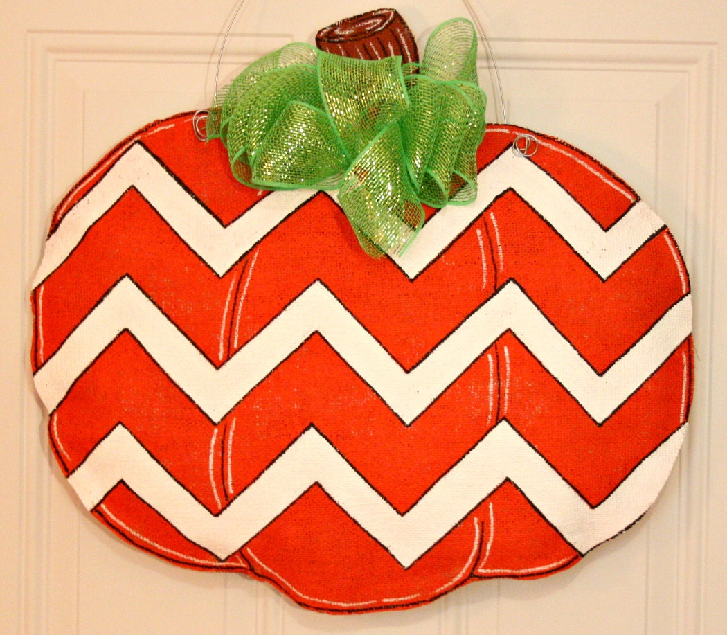Fall Autumn Chevron Pumpkin Burlap Door Hanger Decoration HUGE - Halloween