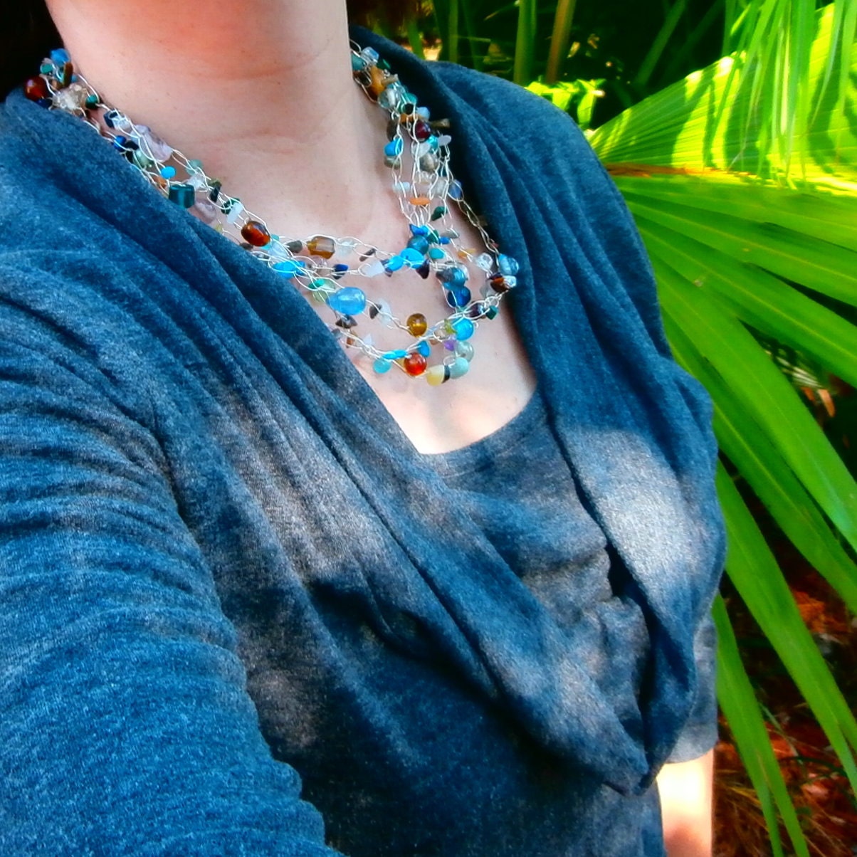 CHUNKY Necklace, Multistrand Necklace - FUNKY Jewelry - Silver Necklace with Gemstones and Glass