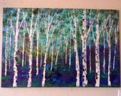 Large Paintings Original contemporary  modern Aqua violet green  Birch trees - free shipping- Vadal