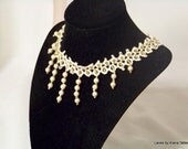 Dramatic Ecru and Gold Tatted Lace Statement Necklace - bamboo thread and vintage glass pearls