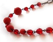 Long Red Berry Necklace with Glass Beads and Copper Chain