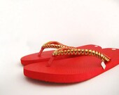 Custom beach wedding flip flops. Personalized design.Custom made decorated flip flops. Designed red and gold rubber sandals.