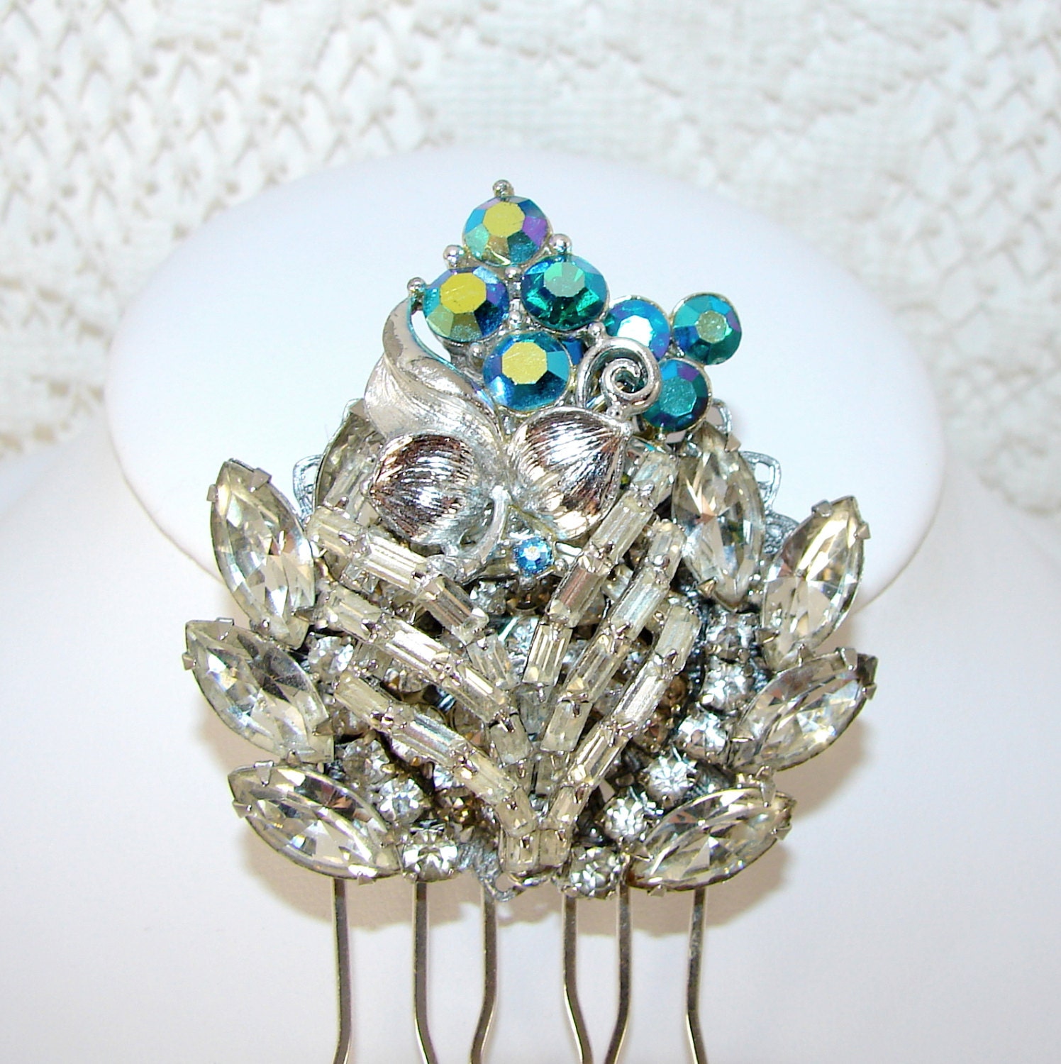 Ocean Blue Aurora Borealis Rhinestone Hair Comb Wedding Hairpiece Formal Headpiece Bridal Jewelry Accessory