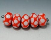 Orange and Light Grey Polka Dot Handmade Lampwork Glass Bead Set