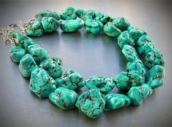 Chunky Turquoise Necklace, Two Strand Turquoise Nugget Necklace, Statement Necklace