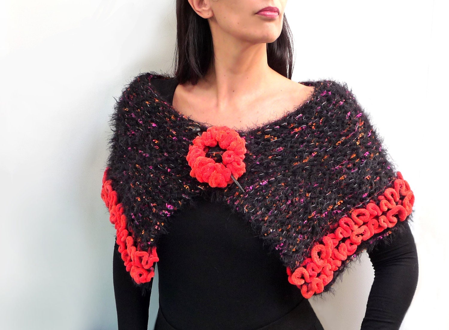 Knit Capelet / Wrap / Scarf - Black Wool and Orange Ruffle Chenille - BLACK FIRE