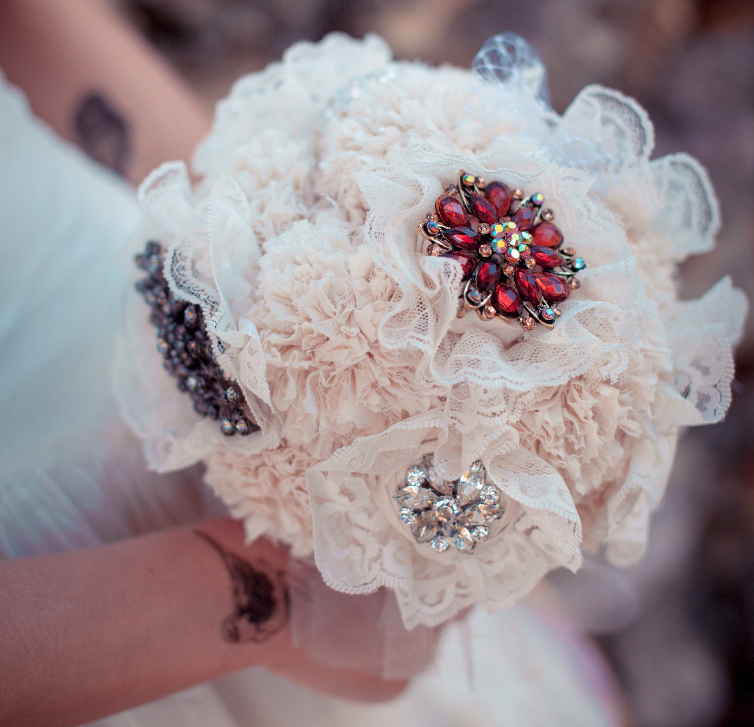 Brooch Bridal Bouquet, Jewelry bouquet, Fabric Flower Bouquet - Vintage Wedding