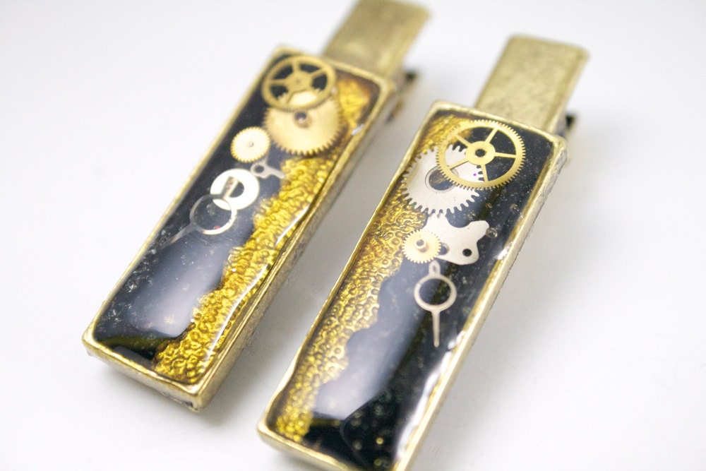 Glossy Steampunk Style Hair Clips Yellow and Black